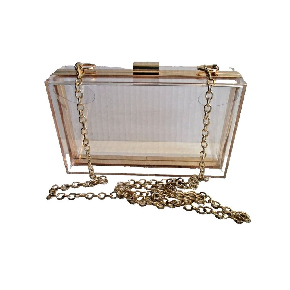 *Clear Lucite Boxy Crossbody Shoulder Bag Gold Accent Top Snap Latch Closure